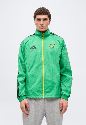 Muž v zelenej športovej bunde s jasmínskymi pruhmi, so žltým zipsom, stojaci pred svetlým jednoduchým pozadím.