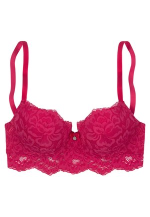 Roze kanten beha met gegolfde randen, bloempatronen en een satijnen strikdetail in het midden. Verstelbare satijnen bandjes. Ondersteuning met beugel.