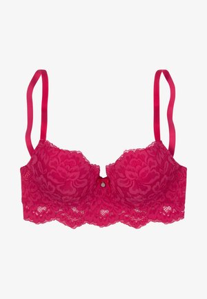 Roze kanten beha met gegolfde randen, bloempatronen en een satijnen strikdetail in het midden. Verstelbare satijnen bandjes. Ondersteuning met beugel.