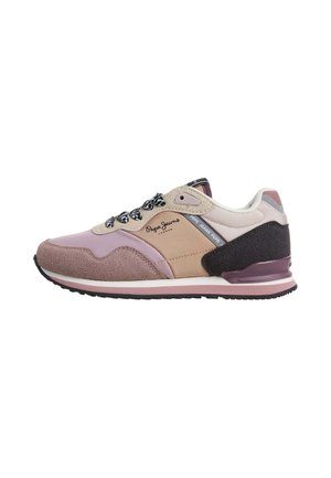 Niedriger Sneaker in Pink, Beige und Schwarz mit gemischten Stofftexturen, mit dem Markennamen "Pepe Jeans" an der Seite, gemusterten Schnürlöchern und Gummisohle.