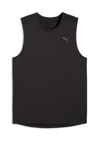 Débardeur sans manches noir en tissu à texture lisse, présentant un logo gris subtil sur le devant et un ourlet arrondi.