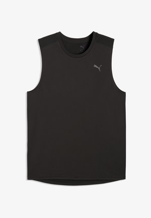 Černý tílko bez rukávů z látky s hladkou texturou, s jemným šedým logem na přední straně a zaobleným lemem.