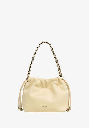 Kreemja nahast käekott kokkupandava disainiga, ketist rihmaga ja paelaga sulgemisega. Esiküljel on logoga detail ja siledapinnaline tekstuur.