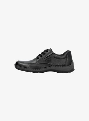 Schwarze Leder Schnürschuhe mit runder Zehenform, genähten Details, strukturiertem Seitenpanel und einer niedrigen Gummisohle.