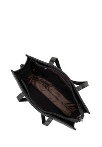 Borsa a tracolla in pelle nera con superficie testurizzata, dotata di un interno in satin marrone. La borsa ha due manici e una chiusura con zip nella parte superiore.