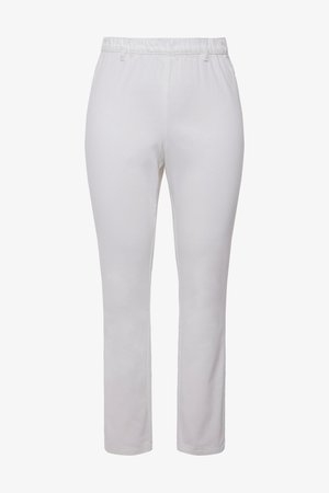 Weiße Hose mit geradem Bein, elastischem Bund und Gürtelschlaufen, vordere mittige Naht.