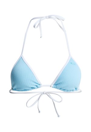 Jasnoniebieski bikini górka w kształcie trójkąta z teksturowanym wzorem, białym wykończeniem oraz regulowanymi trokami przy szyi i plecach dla dopasowanego fasonu.