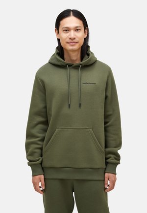 Olijfgroene hoodie van zachte stof, met een kangoeroezak, een capuchon met trekkoord, ribgebreide manchetten en een logo op de borst.
