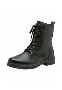 Lace-up enkelboot in donkergroene leer met een gladde afwerking, ronde neus, stevige zool en contrasterende stiksels langs de rand.