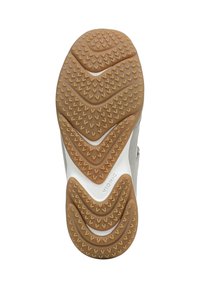 La suola delle scarpe Vionic presenta una gomma marrone texture con un motivo a onde, un nucleo bianco e un pannello laterale grigio. Design durevole e flessibile.