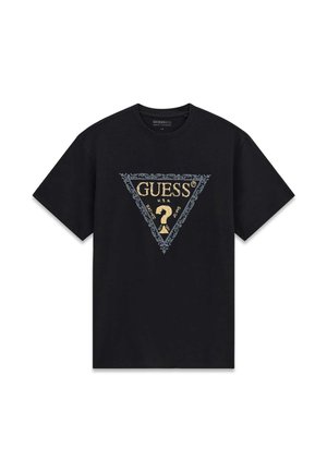 Černé bavlněné tričko s trojúhelníkovou grafikou s propracovaným stříbrným vzorem a zlatým nápisem "GUESS U.S.A." uprostřed.