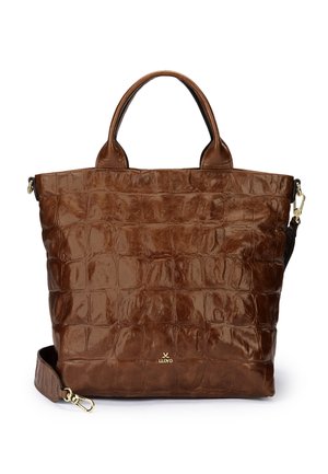 Brown crocodile-pattern leather tote bag with dual handles and detachable shoulder strap, gold clasps, and small gold logo at center bottom.