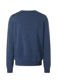 Dunkelblaues Strickpullover mit langen Ärmeln, Rundhalsausschnitt, gerippten Bündchen und Saum; strukturierter Stoff mit einem subtilen melierten Muster.