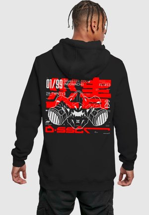 Black hoodie featuring large red and white graphic design on the back, with lettering and a stylized graphic of a mechanical face.