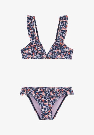 Set bikini floreale con base blu navy, caratterizzato da piccoli fiori multicolori. Il top ha spalline arricciate; il fondo presenta dettagli arricciati sulla vita.