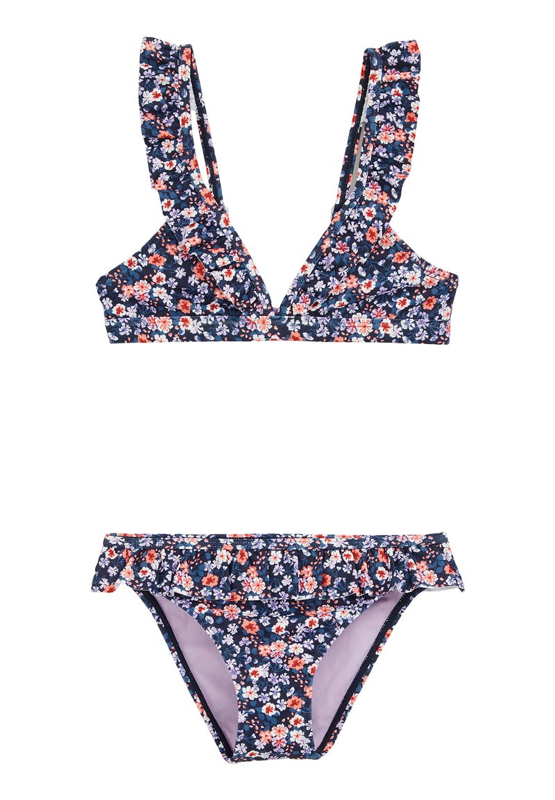 Ziedu bikini komplekts ar jūras zilas krāsas pamatni, kurā ir mazi daudzkrāsaini ziedi. Topam ir volāni uz siksnām; apakšai ir volāna detaļa uz jostasvietas.