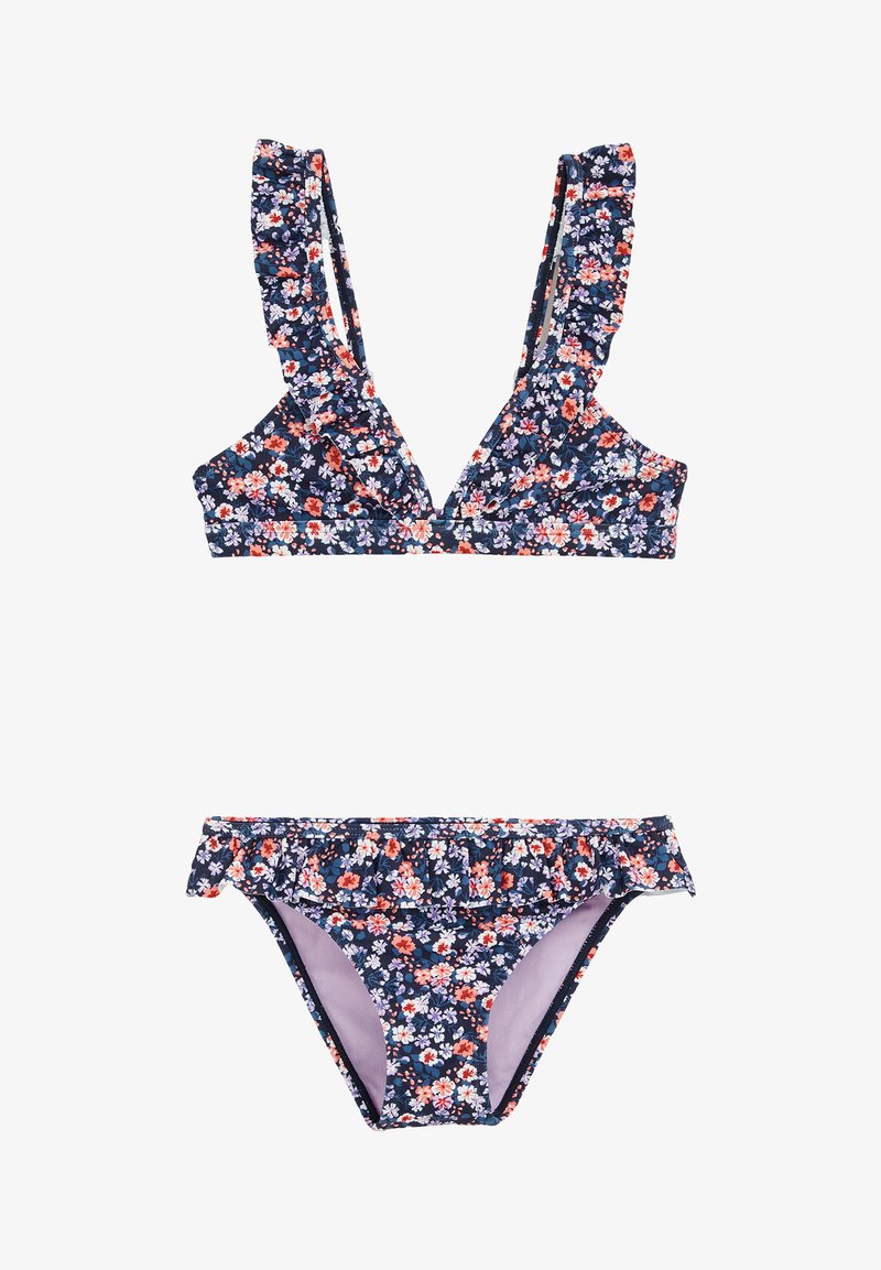 Virágmintás bikini szett sötétkék alappal, apró, színes virágokkal. A melltartón fodros pántok találhatók; az alsórész derék részén fodros részlet díszíti.