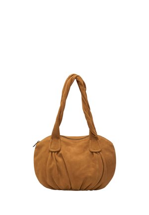Weiche braune Wildlederhandtasche mit verdrehten Doppelgriffen und einem oberen Reißverschluss, mit einem abgerundeten, gerafften Körperdesign.