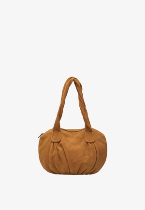 Weiche braune Wildlederhandtasche mit verdrehten Doppelgriffen und einem oberen Reißverschluss, mit einem abgerundeten, gerafften Körperdesign.