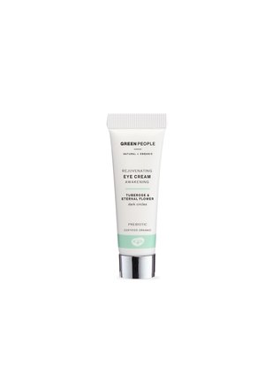 White tube with mint green accents, silver cap. Text includes "Rejuvenating Eye Cream" and "Certified Organic." Compact design for skincare.