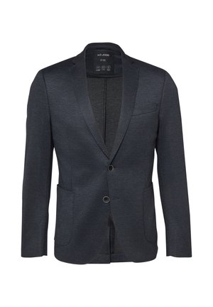 Donkergrijze herensblazer met ingezette revers, twee knopen aan de voorkant, borstzak en twee onderste opgestikte zakken, afgebeeld op een witte achtergrond.