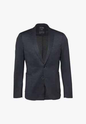 Blazer pour homme gris foncé avec revers crantés, deux boutons à l'avant, poche poitrine et deux poches plaquées inférieures, présenté sur fond blanc.