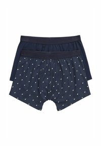 Bóxer azul marino, uno liso y otro estampado con pequeñas formas blancas, con cinturilla elástica y material de algodón suave.