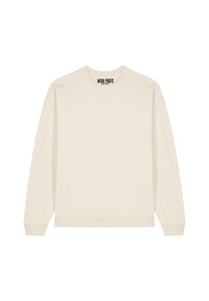 Felpa color crema, realizzata in tessuto morbido, presenta un collo rotondo, maniche lunghe e polsini e orlo a costine. Branding visibile all'interno del colletto.