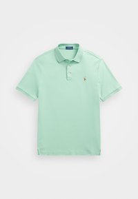 Mint green polo shirt made of cotton, featuring a classic collar, three-button placket, short sleeves, and a small embroidered logo.