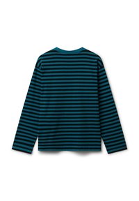 Langärmliges Crewneck-Shirt mit horizontalen schwarzen und türkisfarbenen Streifen, von hinten vor einem weißen Hintergrund gezeigt.