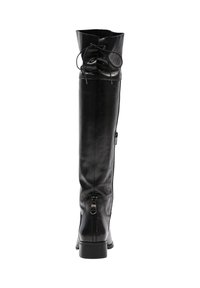 Schwarze Leder-Stiefel bis zum Knie mit runder Zehenpartie, Schnürung vorne und seitlichem Reißverschluss. Glatte Textur mit niedrigem Blockabsatz.
