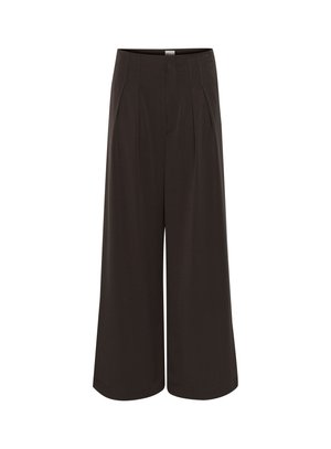 Bredde bukser i mørkebrunt stof med høj talje og frontfolder. Glat tekstur med en smal benafslutning.