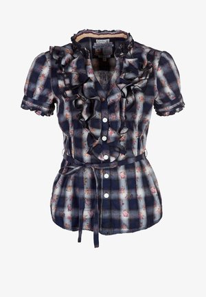 Navy geruite blouse met bloemendessin, ruches aan de voorkant en kraag, korte mouwen en een strikceintuur in de taille. Knopen sluiting.