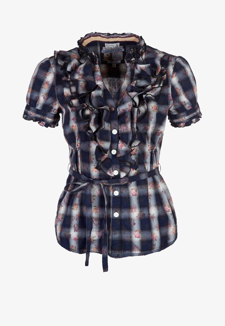 Blouse à carreaux marine avec motif floral, devant froncé et col, manches courtes et ceinture à nouer à la taille. Fermeture à boutons.