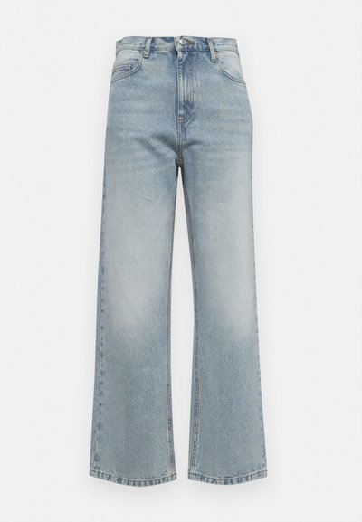 Lyseblå vide jeans laget av denim med en falmet tekstur, med høy midje, frontlommer og knappelukking.