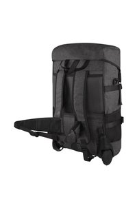 Rucksack aus grauem Stoff mit strukturierter Form, ausgestattet mit gepolsterten Schulterriemen, Mesh-Akzenten, verstellbarem Hüftgurt und Rollen.