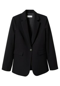 Černý blazer z hladké látky s jednoduchým zapínáním na jeden knoflík, s klopami a dvěma předními kapsami. Klasický dobře padnoucí design.