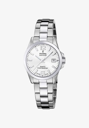 Srebrny stalowy zegarek z białą tarczą, arabskimi cyframi i wyświetlaczem daty. Posiada mechanizm kwarcowy i wodoodporność do 10 barów.