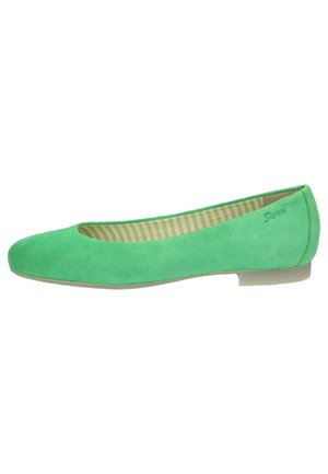 Groene suède balletschoenen met een ronde neus, voorzien van een licht gestructureerde bovenkant en een gestreepte stoffen binnenvoering. Platte rubberen zool.