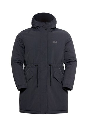 Donkergrijze parka met een hoge kraag, trekkoord in de taille, grote voorzakken en drukknoopsluiting. Gemaakt van duurzaam materiaal.