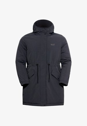 Donkergrijze parka met een hoge kraag, trekkoord in de taille, grote voorzakken en drukknoopsluiting. Gemaakt van duurzaam materiaal.