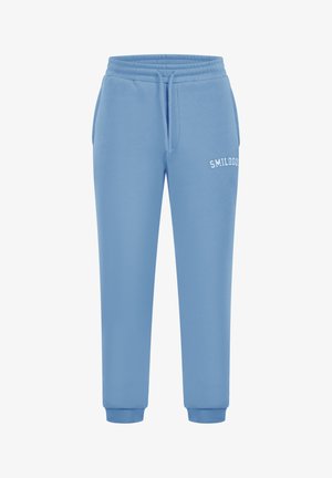 Blaue Sweatpants aus weichem Stoff. Mit elastischem Bund und Kordelzug, gerippten Bündchen und weißem, gesticktem Logo auf der linken Seite.