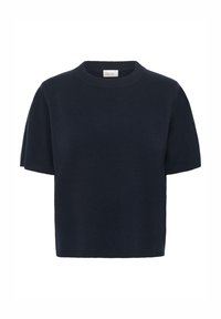 Marineblauer Kurzarm-Pullover aus weichem Strickmaterial mit Rundhalsausschnitt und entspannter Silhouette. Keine sichtbaren Muster oder Akzente.