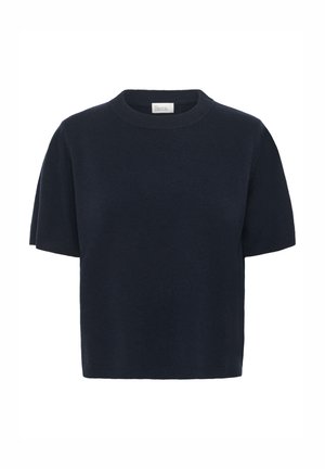 Marineblauer Kurzarm-Pullover aus weichem Strickmaterial mit Rundhalsausschnitt und entspannter Silhouette. Keine sichtbaren Muster oder Akzente.