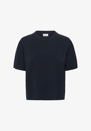 Pull manches courtes bleu marine en maille douce, doté d'un col rond et d'une silhouette décontractée. Pas de motifs ni d'accent visibles.