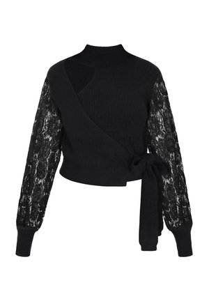 Schwarzer Pullover mit Stehkragen, gerippter Textur, langen Spitzenärmeln und einem seitlichen Bindedetail. Verfügt über einen Cut-out auf einer Seite für einen gestalterischen Kontrast.