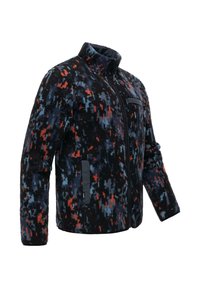 Giacca in pile con un motivo astratto colorato in nero, blu e rosso. Include una chiusura frontale con zip, colletto alto e tasche laterali.