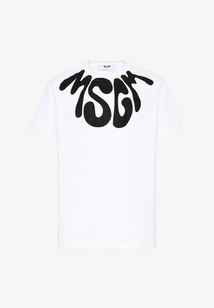 Witte T-shirt met korte mouwen en een groot, zwart, vervormd MSGM-logo over de bovenkant van de borst en schouders.