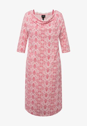 Kjole med krave i lys pink stof med et detaljeret rødt blomstermønster, trekvartærmer, knælang, glat tekstur.