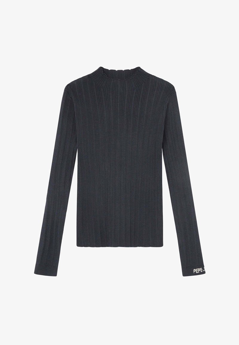 Top de manga larga gris oscuro con textura y cuello alto, que presenta un diseño de marca minimalista en la manga.